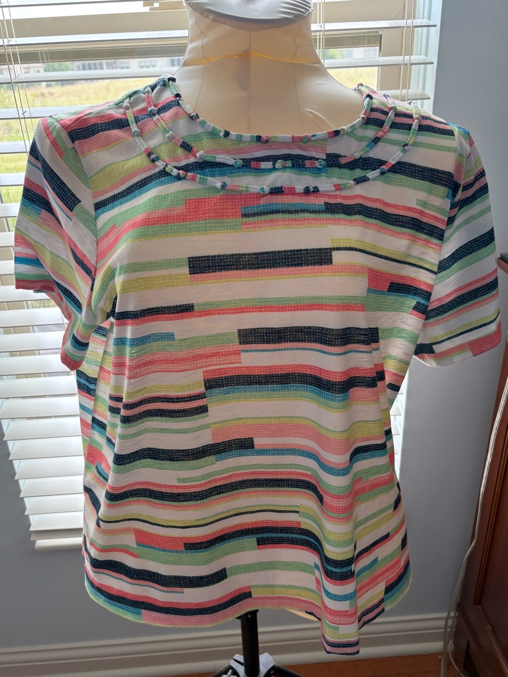 Alfred Dunner Women’s 2X Colorful Stripe Beaded Tie Neck Top